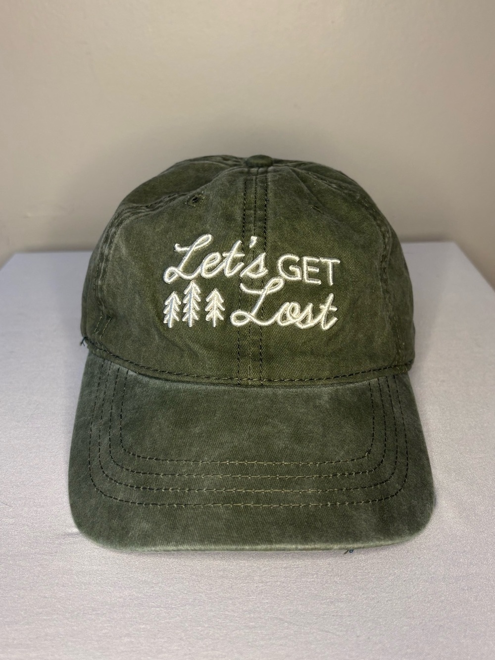 Olive Green 'Let's Get Lost' Embroidered Baseball Cap